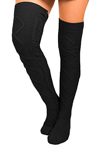 Floral Find Women's Cable Knit Knee-High Winter Boot Socks Extra Long Thigh Leg Warmers Stocking - C-black