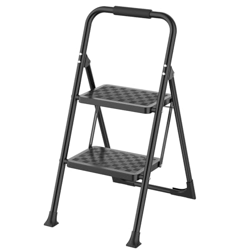 HBTower Step Ladder, 2 Step Stool for Adults, 2 Step Ladder Folding Step Stool with Cushioned Handle, 430 lbs/195 kg Capacity, 2 Step Ladder with Wide Anti-Slip Pedal Ergonomic Design - 2 Step - Black