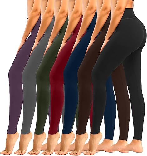 we fleece 7 Pack High Waisted Leggings for Women Tummy Control Soft Workout Athletic Yoga Pants - Black/Brown/Navy/Wined Red/Olive/Light Grey/Purple - Small-Medium