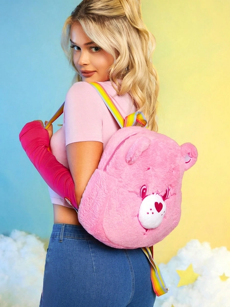 SHEIN X Care Bears Pink Plush Teddy Bear Design Backpack