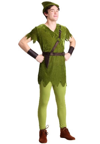 Adult Classic Peter Pan Costume Mens, Fantasy Neverland Lost Boy Green Halloween Outfit - X-Large bundle w/ Toy Dagger