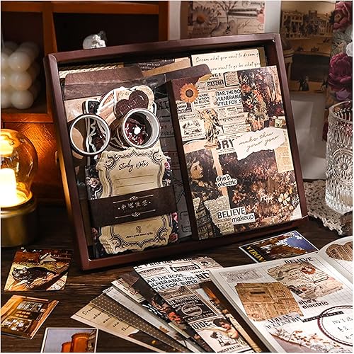 UPSYTIO Vintage Scrapbook Kit, Journaling Scrapbooking Supplies with A6 Grid Notebook, Aesthetic Paper, Stickers, Washi Tape for DIY Craft - B