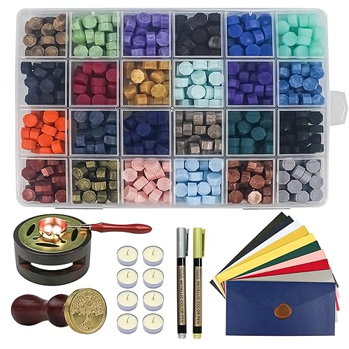TRINIDa Wax Seal Kit, Wax Seal Stamp Kit with 24 Colors 624 Pcs Wax Seal Beads, Sealing Wax Warmer, Envelopes, Candles, Wax Stamp, Metallic Pen for Gift and Decoration - 624PCS Wax Seal Kit