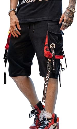 Hello MrLin Cargo Shorts for Men Drawstring Summer Beach Stretch Hip Hop Joggers Tactical Pants Outdoor Shorts with Pockets - Large - Black&red