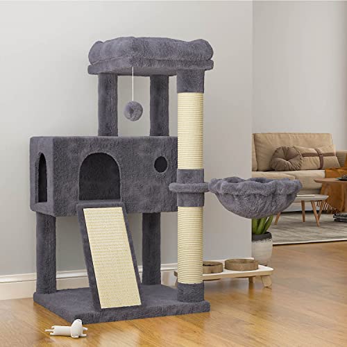 SHA CERLIN 36" Cat Tree with Cat Hammock, Multi-Level Cat Condo with Scratch Post, Ramp and Top Perch, Soft Plush for Kittens, Smoky Grey - SMOKY GREY