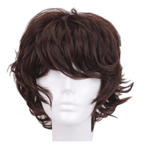 Alibuy 13 Inch Dark Brown Short Curly Anime Cosplay Wigs with Bang for Men Costume Halloween Party - Brown