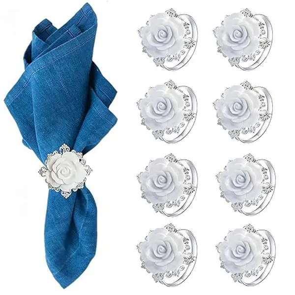 auwiyd 8 PCS Valentine's Day Rose Napkin Rings White Rose Silver Ring Holder Acrylic Rose Napkin Holder Table Decoration for Valentine's Day Wedding Anniversary