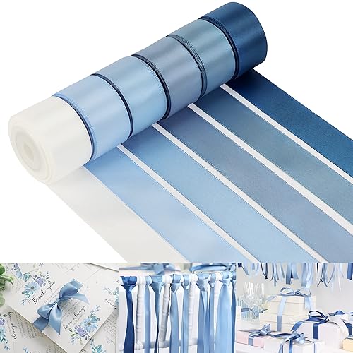 HUIHUANG Dusty Blue Ribbon Set Double-Faced Satin Ribbon 1 inch Dusty Blue Wedding Ribbons for Flower Bouquet Wedding Bridal Shower Baby Shower Decor Hairs Gift Wrap Crafts- 6 Color X 5 Yards Each - Dusty Blue Assorted - 1 inch