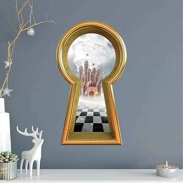 Gold Keyhole Wall Decal Queen of Hearts Castle Fantasy Fairy Tale Wonderland Decor Removable Peel and Stick Mural for Kids Room - 16 inch