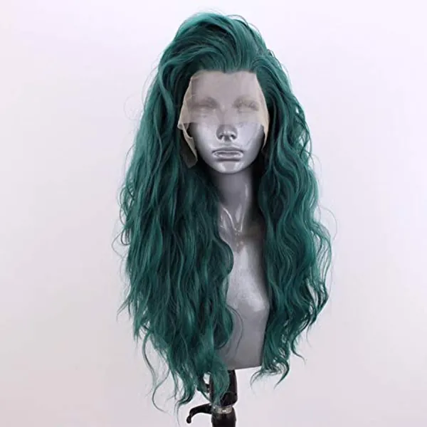 Choshim Hair Green Color Synthetic Lace Front Wig Heat Resistant Fiber Long Curly Wavy Fashion Style Free Part Green Lace Wig 24inches Water Wave Party Wig - 