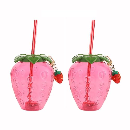 Verve Jelly 2Pack Drinking Cup with Lid and Straw Lovely Strawberry Tumbler Mug Plastic Water Bottle Resuable Cold Beverage Mug Jar for Summer Pool Tropical Party Supplies, 500ML, Pink - Pink