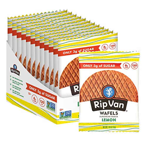 Rip Van WAFELS Lemon Stroopwafels - Healthy Snacks - Non GMO Snack - Keto Friendly - Office Snacks - Low Sugar (3g) - Low Calorie Snack - 12 Count (Packaging May Vary) - 12 Count (Pack of 1)