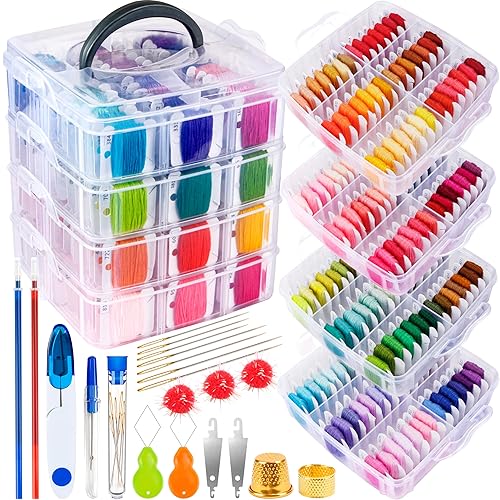 262 Pack Embroidery Thread Floss Kit Including 200 Colors 8 M/Pcs Cross Stitch Sewing Thread with Floss Bins and 62 Pcs Cross Stitch Tool,4-Tier Transparent Storage Box - 262pcs