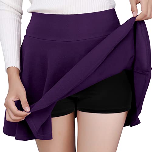 DJT FASHION Women's Casual Stretchy Flared Pleated Mini Skater Skirt with Shorts - X-Large - Purple