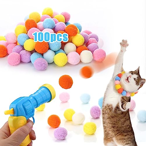 AIERSA Cat Toys Interactive for Indoor Cats,100pcs Pom Pom Balls with Launcher Set, Kitten Toys for Cats Self Play,Cute Cat Ball Toy for Cat Enrichment - 100pcs