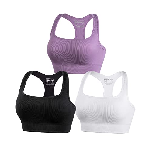 FITTIN Racerback Sports Bras for Women - Padded Seamless High Impact Support for Yoga Gym Workout Fitness - Large - Black/White/Purple
