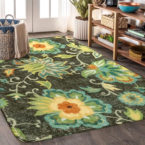 Lahome Collection Modern Floral Area Rug - 3'x5' Non-Slip Colorful Vintage Area Rug Accent Distressed Throw Rugs Floor Carpet for Living Room Bedrooms Decor (3’X 5’, Green) - 3'x5' - 4-green