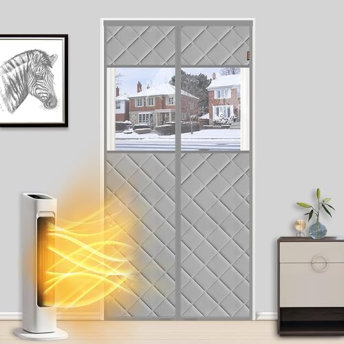 MAGZO Magnetic Thermal Insulated Door Curtain with Clear Plastic Windows, Fits Door Size 38" x 82", Upgraded Oxford Cloth Filled with Thicken Cotton, Insulation Cover Blanket for Winter, Gray - Fits Door Size 38'' x 82'' - Gray
