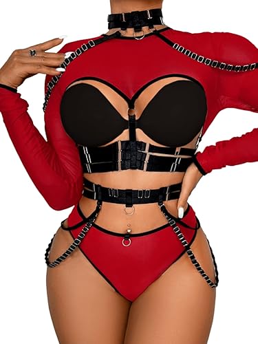 Kaei&Shi Rave Outfit, Adjustable Strappy, Contrast Color, Choker, Chain Belt - Red-black - 4-6