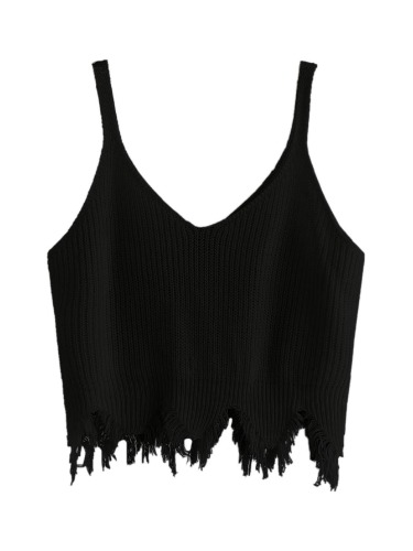 Romwe Women's Plus Size Sleeveless Distressed Hem V Neck Ribbed Tank Crop Tops Vest - Large Plus Black