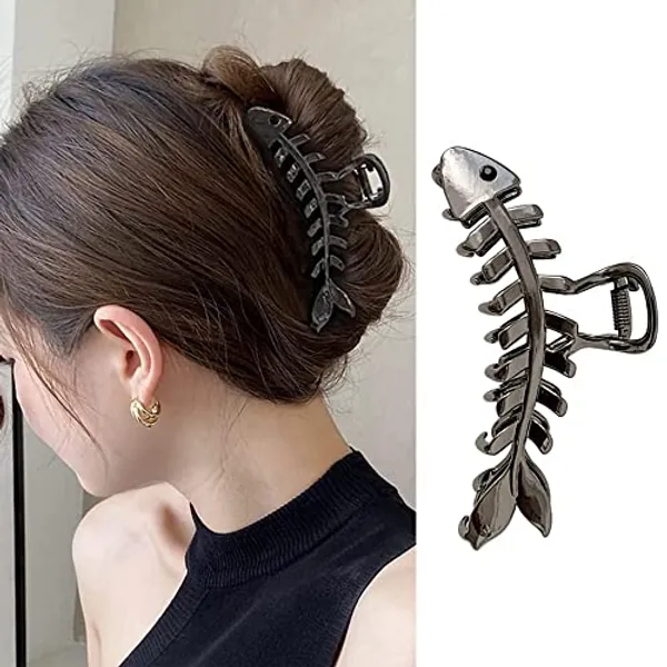 Fish Bone Hair Clips Claw Metal Black Hair Claws, Fish Bone Shape Hair Jaw Clamps Hair Accessories Non-slips Hair Styling Catch Clips Hairpins for Women Thick or Thin Hair Decorations 1Pcs