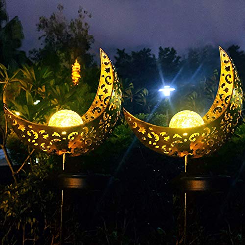Aubasic Solar Powered Garden Lights, 2 Pack Antique Brass Hollow-Carved Metal Moon with Warm White Crackle Glass Globe Stake Lights,Waterproof Outdoor for Lawn,Patio,Yard
