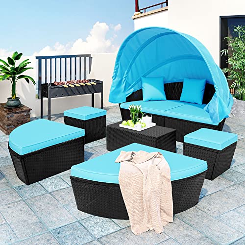 LUMISOL Outdoor Round Daybed with Retractable Canopy Patio Sunbed Wicker Sectional Sofa Set with Washable Cushions - 7 Piece - Blue+black