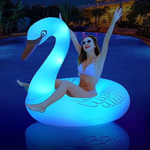 Inflatable Swan Pool Float with Colorful Lights, FlyfreeU Solar Powered LED Color Changing Swan Swim Tube Rings, 42'' Large Pool Beach Floaties Lake and Beach Floaty Summer Pool Raft Lounge for Adults - 1
