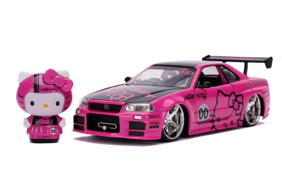 Jada Toys 253245003 2002 Nissan Skyline Car Toy Car Die-cast Opening Doors Boot & Bonnet Includes Hello Kitty Figure 1:24 Scale Pink