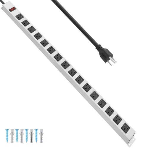 JUNNUJ Metal 16 Outlet Power Strip, White Mountable Heavy Duty Power Strip, 800J Surge Protector Wall Mount Power Outlet with Switch, 15A 125V 1875W, 6 FT 14AWG Power Cord - 6FT White