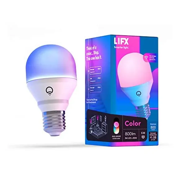 
                            LIFX Color A19 800 lumens, Billions of Colors and Whites, Wi-Fi Smart LED Light Bulb, No Bridge Required, Works with Alexa, Hey Google, HomeKit and Siri.
                        