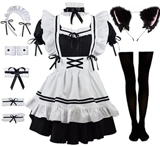Rickem Ladies Anime Cosplay French Black white bow Apron Dress Halloween Makeup Costume 8PCS Set - XX-Large - Black