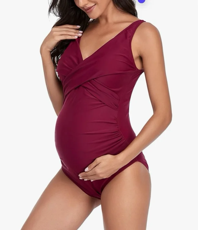 SUMMERSUNSHINE Maternity One Piece Swimwear Front Cross Pregnancy Swimsuit Bathing Suit Maternity Bikini - X-Large - Wine Red