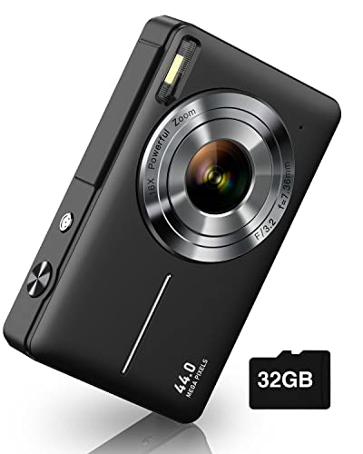 Digital Camera, FHD 1080P Kids Camera 44MP Point and Shoot Digital Cameras with 32GB SD Card, 16X Zoom, Two Batteries, Lanyard, Compact Small Camera for Kids Boys Girls - Black