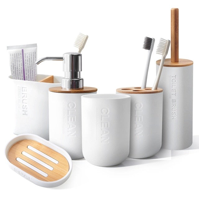 Bamboo Bathroom Set - White - 6pc