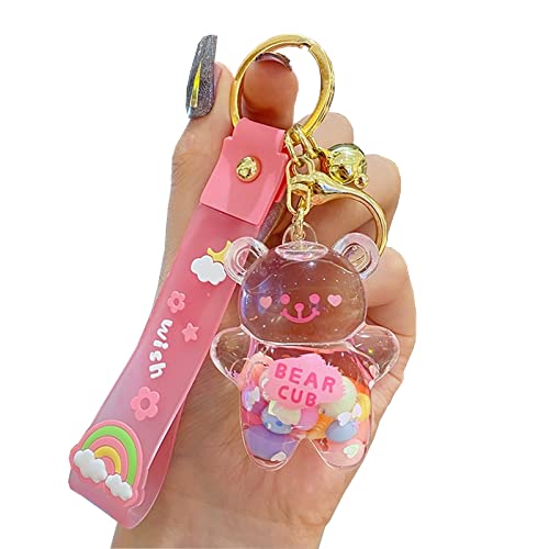 WIMETI Kawaii Keychain Bear Liquid Floating Quicksand Cute Keychains Bag Charm Wristlet Bracelet Key Ring for Women Girl - Pink