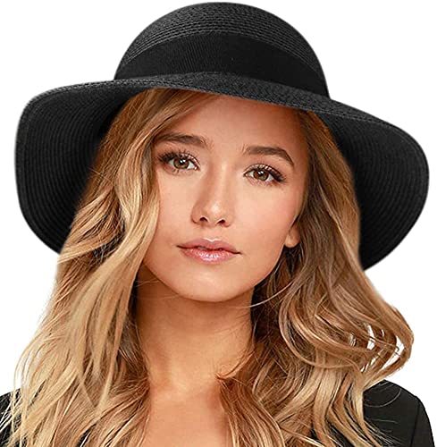 FURTALK Womens Beach Sun Straw Hat UV UPF50 Travel Foldable Brim Summer UV Hat - Medium-Large - Black