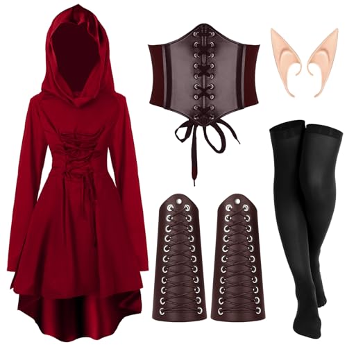 Jeyiour 5 Pcs Women Renaissance Fairy Costumes Set Medieval Hooded Robe Elf Ears Accessories for Halloween Cosplay - Red - XX-Large