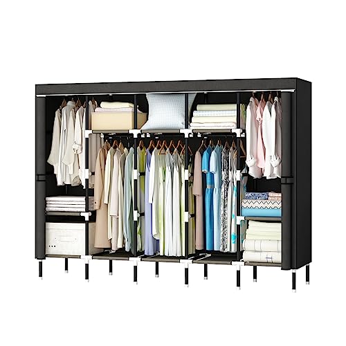 Pokfeic 80in Portable Closet Wardrobe, Closet Organizers and Storage with 10 Shelves, Portable Closets for Hanging Clothes with 5 Hanging Rods, 20mm Steel Wardrobe Clothes Organizer - Black - Black
