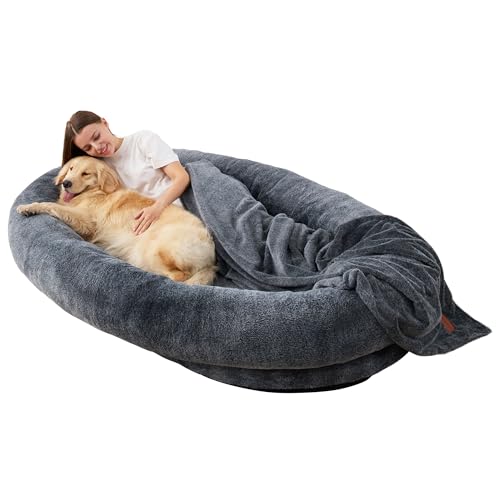 Large Human Dog Bed Bean Bag Bed for Humans 72"x48"x10" Giant Beanbag Dog Bed with Blanket for People, Families, Pets (Grey) - Grey