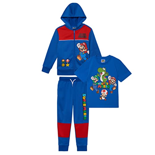 Nintendo Super Mario Boys 3-Piece Set, Super Mario Zip-Up Hoodie, T-shirt, & Pants 3-Pack Bundle Set for Boys - 8 - Blue