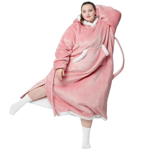 Bedsure Oversized Wearable Blanket Hoodie - Long Sherpa Fleece Hooded Blanket for Adult Women Men, Warm Cozy Big Blanket Sweatshirt with Giant Pocket and Belt, Winter Gifts for Men, Oversize, Pink - Oversize - Solid - Rose Pink