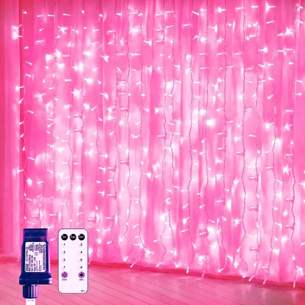 JMEXSUSS Remote Control 300 LED Pink Curtain Lights, 8 Modes Curtain String Lights Plug in, Window Curtain Pink Lights for Bedroom Wall Wedding Party Backdrop Indoor Outdoor Decorations(9.8x9.8Ft) - Pink
