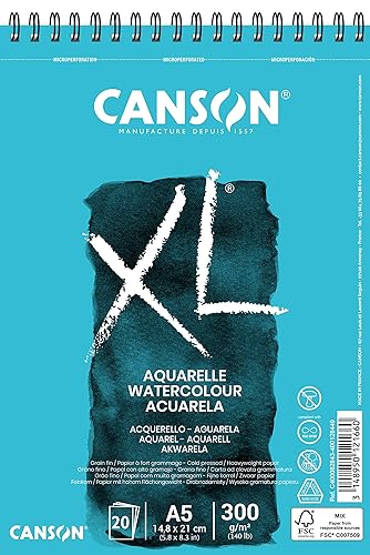 Canson XL, Papel de acuarela 300g, A5-14,8x21cm, Blanco, 20 Hojas 