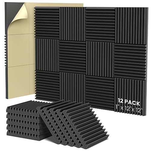 HEMRLY Acoustic Foam Panels,1" X 12" X 12" Self-Adhesive Sound Proof Foam Panels,Acoustic Panels Absorb Noise Quickly,High Density Soundproof Wall Panels for Gaming Room,Home Studio(12 Pack Black) - 1 Inch 12 Pack Self Adhesive - black