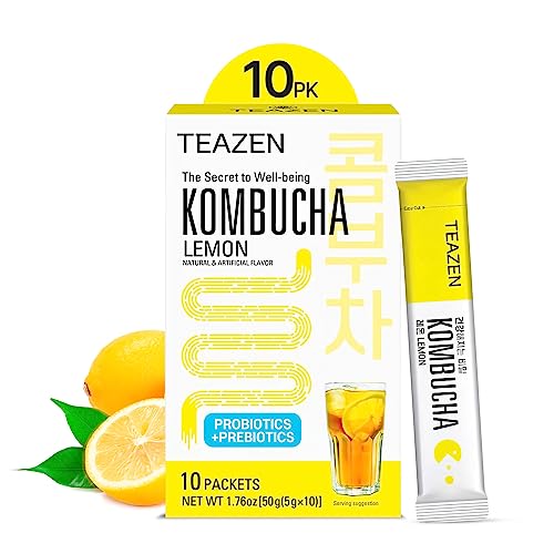 Teazen Kombucha Tea Lemon Flavor, Zero Sugar, Sparkling Fermented Powdered Mix Beverage from Korea, Live Probiotics & Prebiotics, 10 Sticks, 1.76oz
