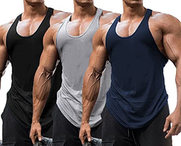 Babioboa Men's Gym Workout Stringer Tank Top Y-Back Muscle Tee Undershirts Training Sleeveless T-Shirt - Black/Navy Blue/Grey - 3 Pack - Large