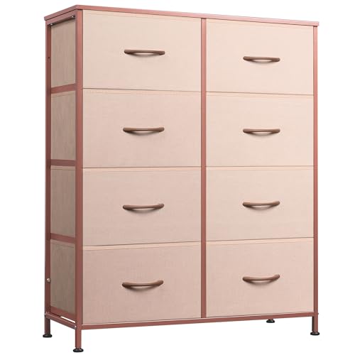 WLIVE Dresser for Bedroom, Chest of Drawers, Tall Dresser with 8 Drawers, Dressers Bedroom Furniture, Storage Organizer Unit with Fabric Bins for Closet, Hallway, Living Room, Pink and Rose Gold - Pink and Rose Gold - General