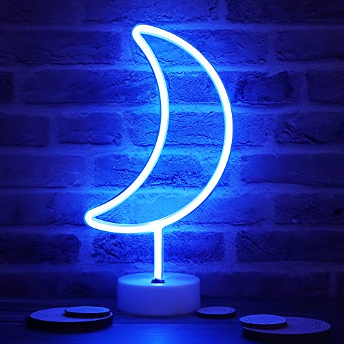 Vicila Neon Moon Lights, LED Moon Decor Neon Signs Crescent Night Lights Art Decorations Lamp for Party Supplies, Children Kids Girls Gift-Moon with Holder Base(Blue) - Moon With Holder Base(warm White)