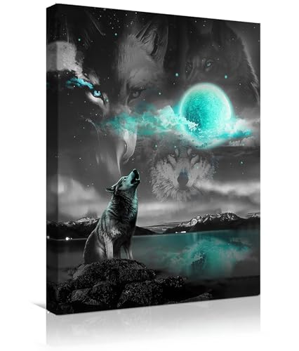 BOLDROLE Wolf Wall Art Animal Blue Moon And Wolf Decor Wolf Canvas Print Artwork Wolf Pictures Wall Decor For Living Room Bedroom Kitchen Bathroom Office Home Wall Decor Framed Ready To Hang 12"X16" - Wolf - 12x16 Inch